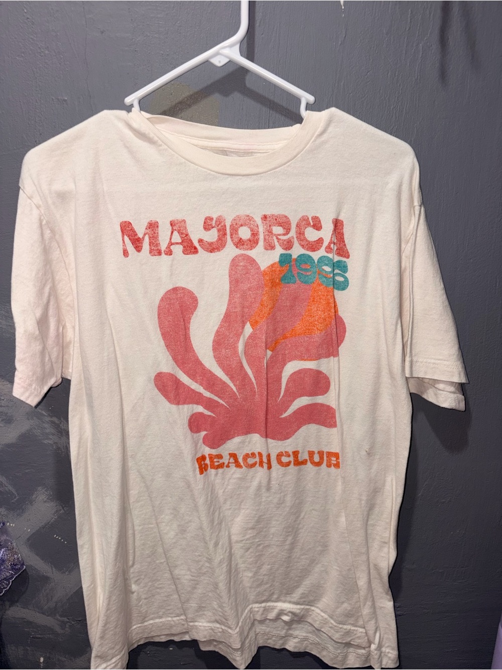 Mallorca Beach Club Graphic Tee - White with Coral & Teal Print